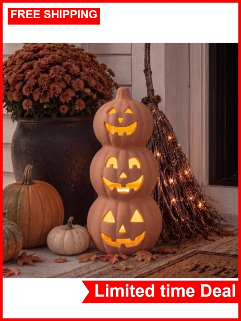 Halloween Decor 10" Stacked Terracotta Pumpkins Jack O Lantern